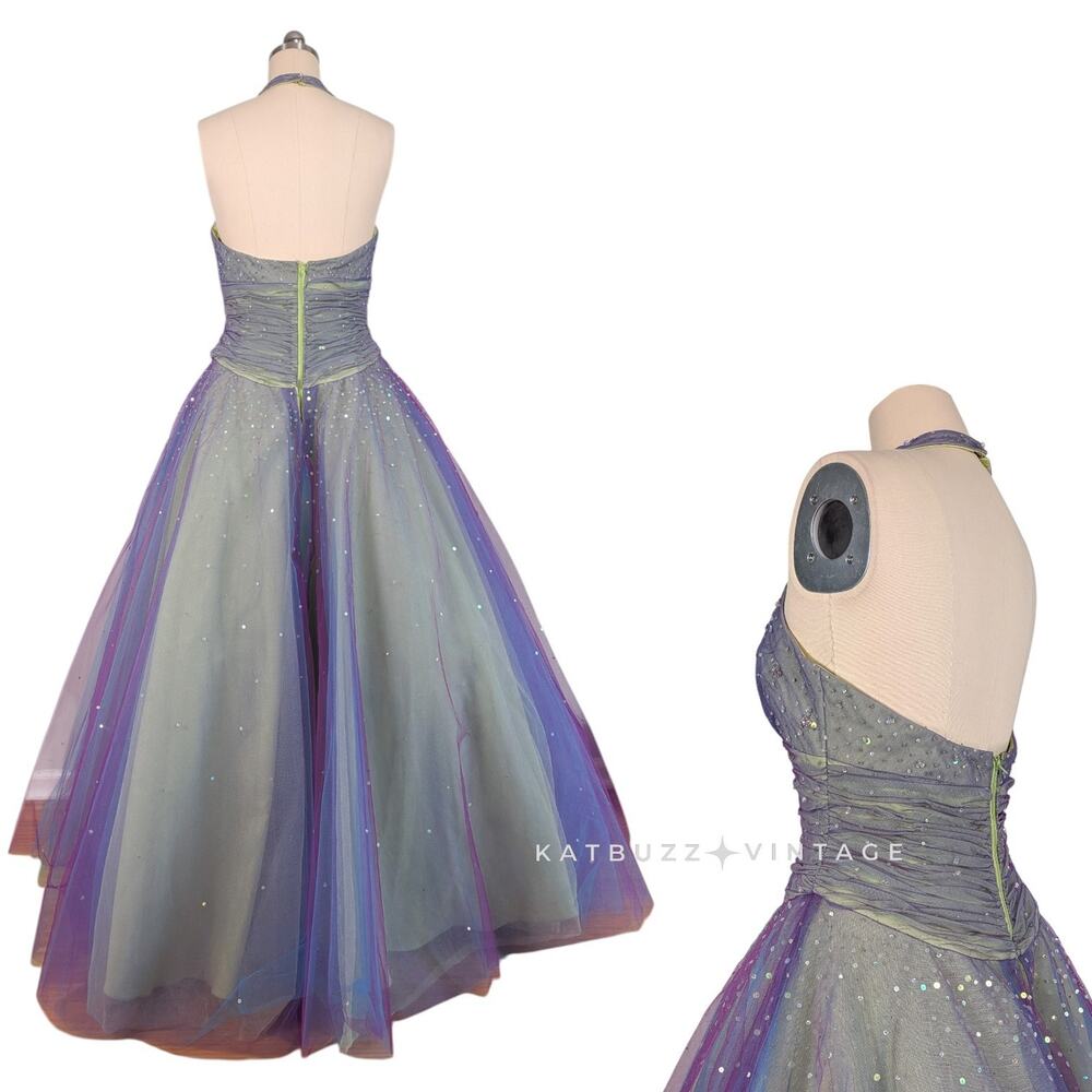 Vintage Mori Lee Prom Dress Maxi Ball Gown 12 Rainbow Fairy Princess Halter - Picture 2 of 16